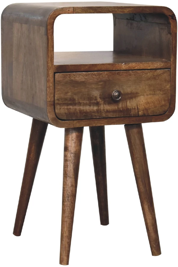 Artisan Furniture Kompaktiškas mango medienos naktinis staliukas su stalčiumi ir lentyna, pilkos apdailos