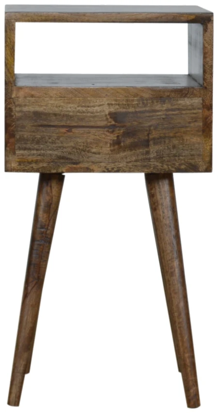 Artisan Furniture Kompaktiškas mango medienos naktinis staliukas su stalčiumi ir lentyna, pilkos apdailos