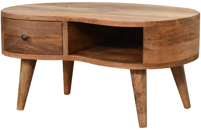 Artisan Furniture Kompaktiškas Wave mango medienos kavos staliukas su stalčiumi ir lentyna, ąžuolo atspalvio