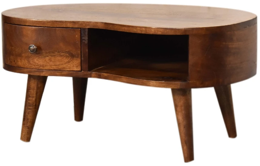 Artisan Furniture Kompaktiškas Wave mango medienos kavos staliukas su stalčiumi ir lentyna, kaštono atspalvio