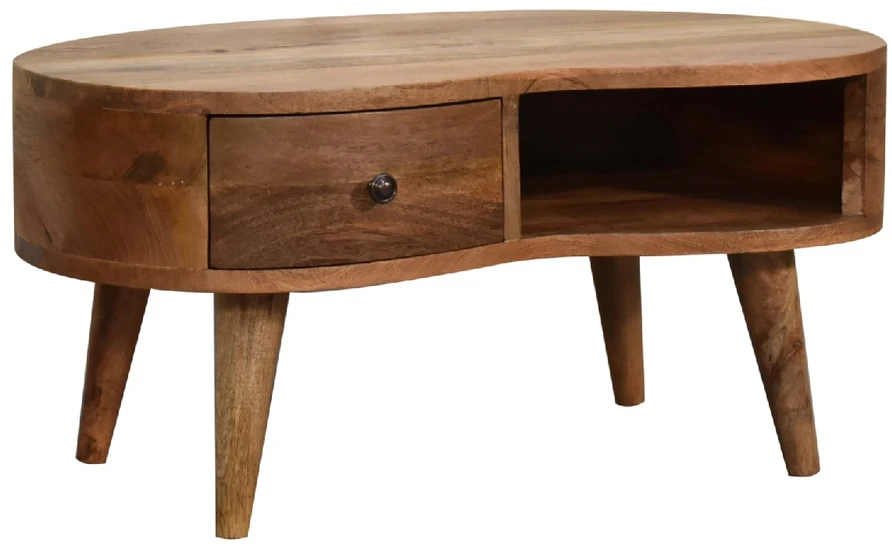 Artisan Furniture Kompaktiškas Wave mango medienos kavos staliukas su stalčiumi ir lentyna, ąžuolo atspalvio