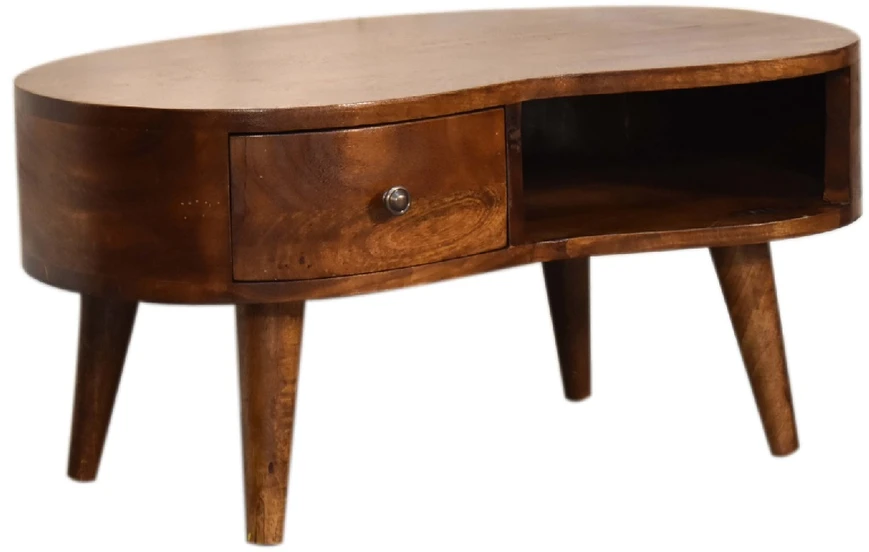 Artisan Furniture Kompaktiškas Wave mango medienos kavos staliukas su stalčiumi ir lentyna, kaštono atspalvio