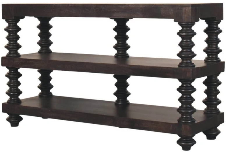 Artisan Furniture Konsolinis staliukas su verpstės formos kojelėmis ir lentyna, Carbon Ash apdailos