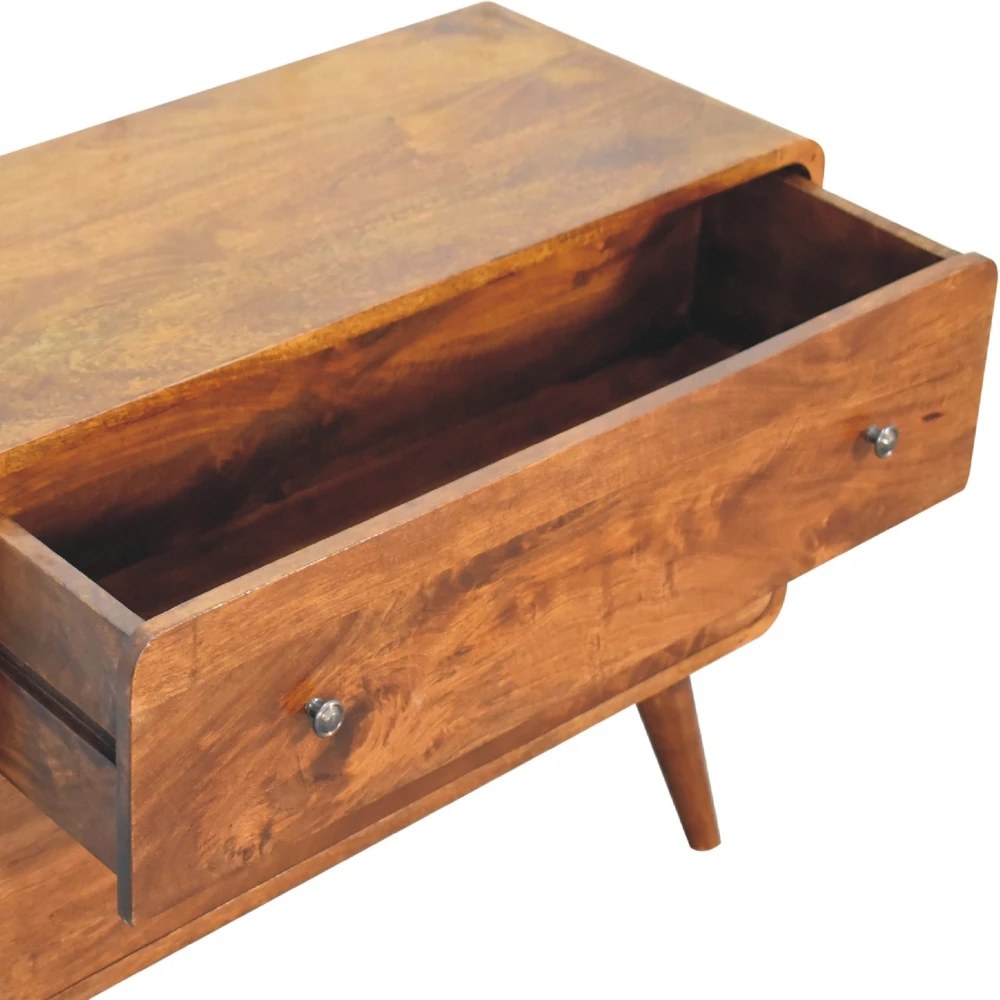 Artisan Furniture Lenkta mango medienos komoda su 2 stalčiais, kaštono atspalvio