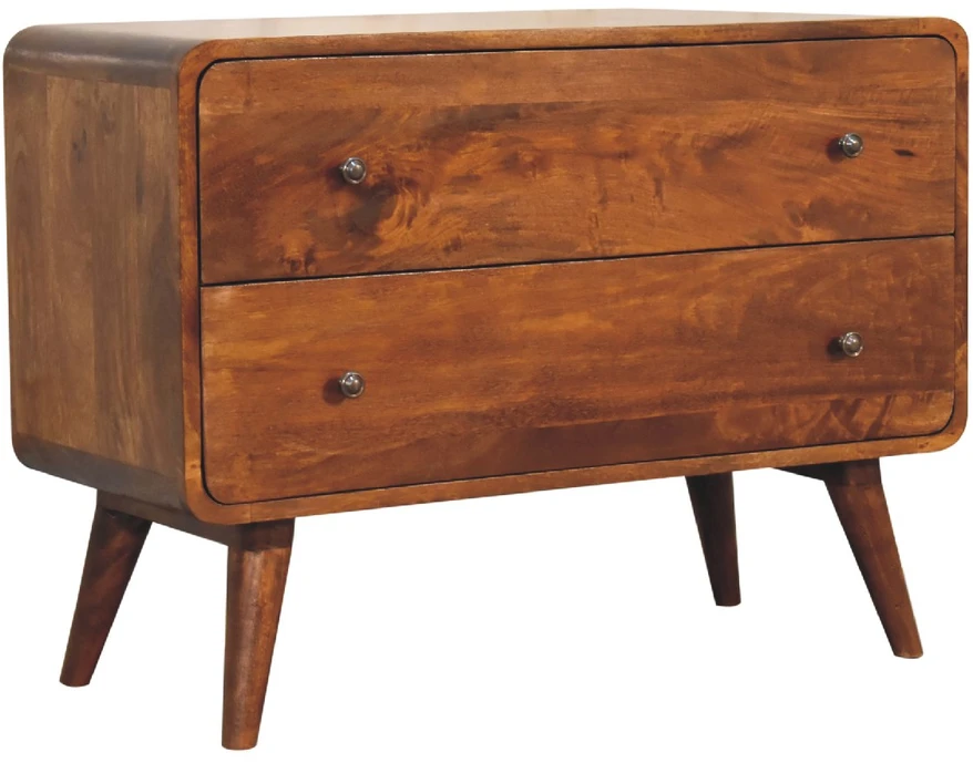 Artisan Furniture Lenkta mango medienos komoda su 2 stalčiais, kaštono atspalvio