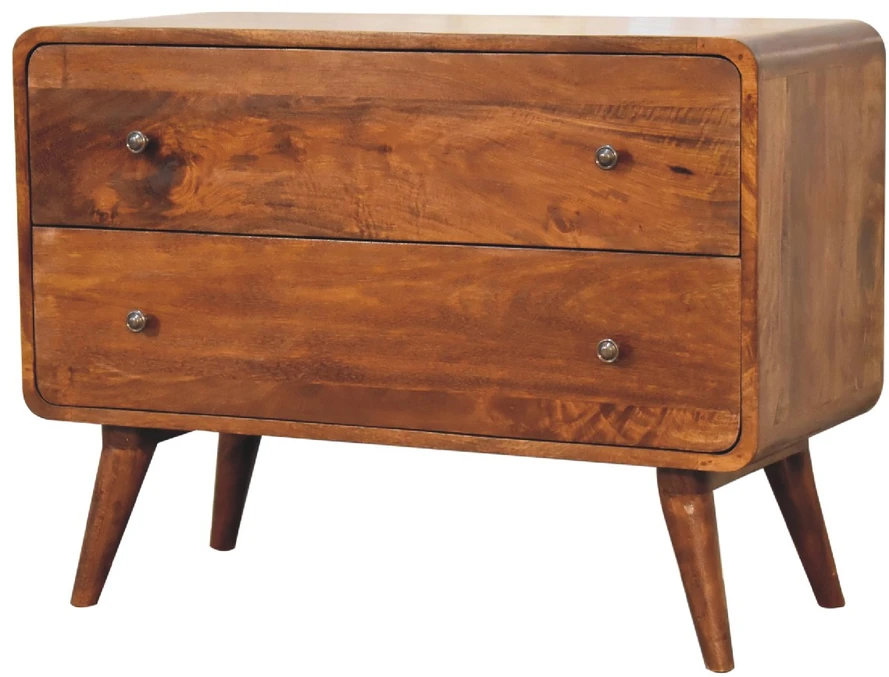 Artisan Furniture Lenkta mango medienos komoda su 2 stalčiais, kaštono atspalvio