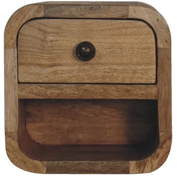 Artisan Furniture Itin kompaktiškas lenktas mango medienos naktinis staliukas su lentyna, ąžuolo atspalvio