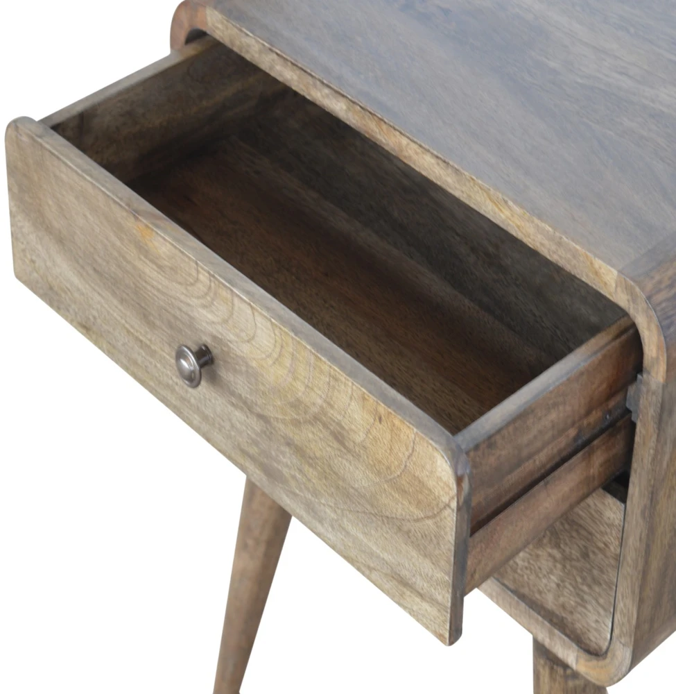 Artisan Furniture Lenktas mango medienos naktinis staliukas su 2 stalčiais, pilkos apdailos