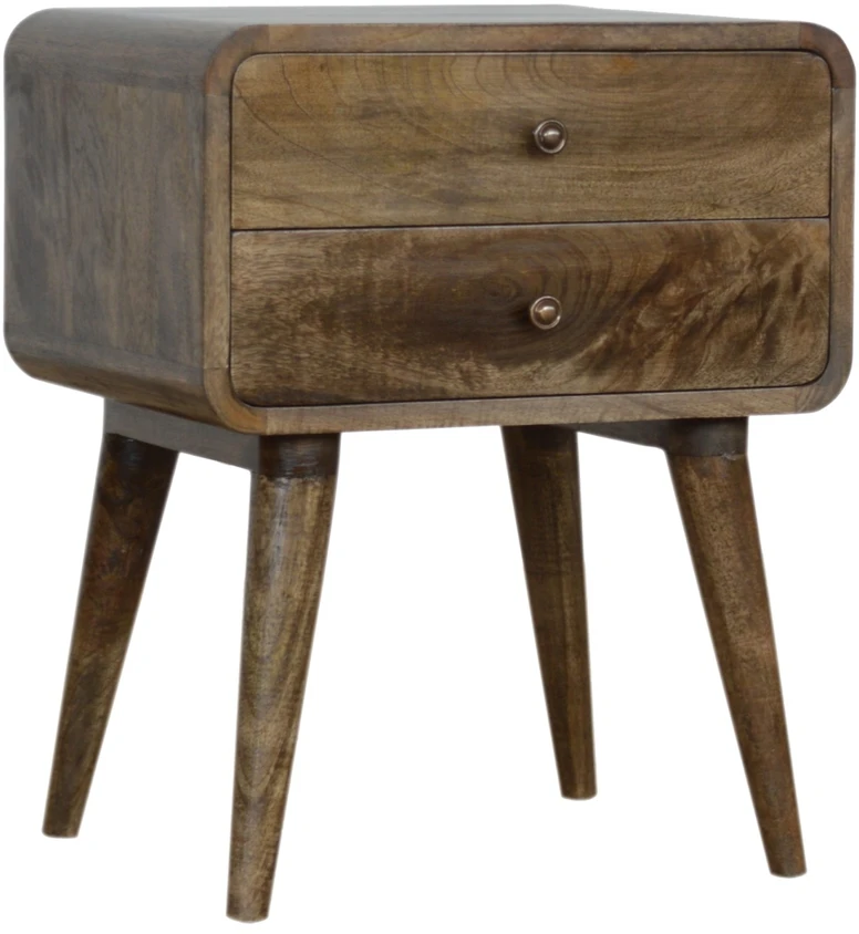 Artisan Furniture Lenktas mango medienos naktinis staliukas su 2 stalčiais, pilkos apdailos