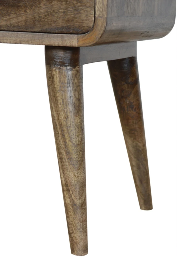 Artisan Furniture Lenktas mango medienos naktinis staliukas su 2 stalčiais, pilkos apdailos