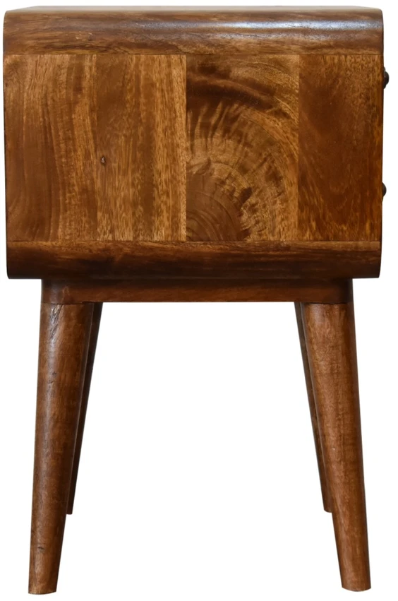 Artisan Furniture Lenktas mango medienos naktinis staliukas su 2 stalčiais, kaštono atspalvio