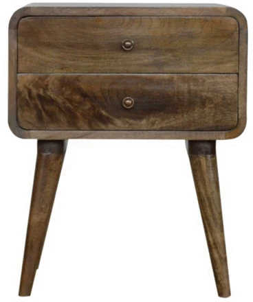 Artisan Furniture Lenktas mango medienos naktinis staliukas su 2 stalčiais, pilkos apdailos