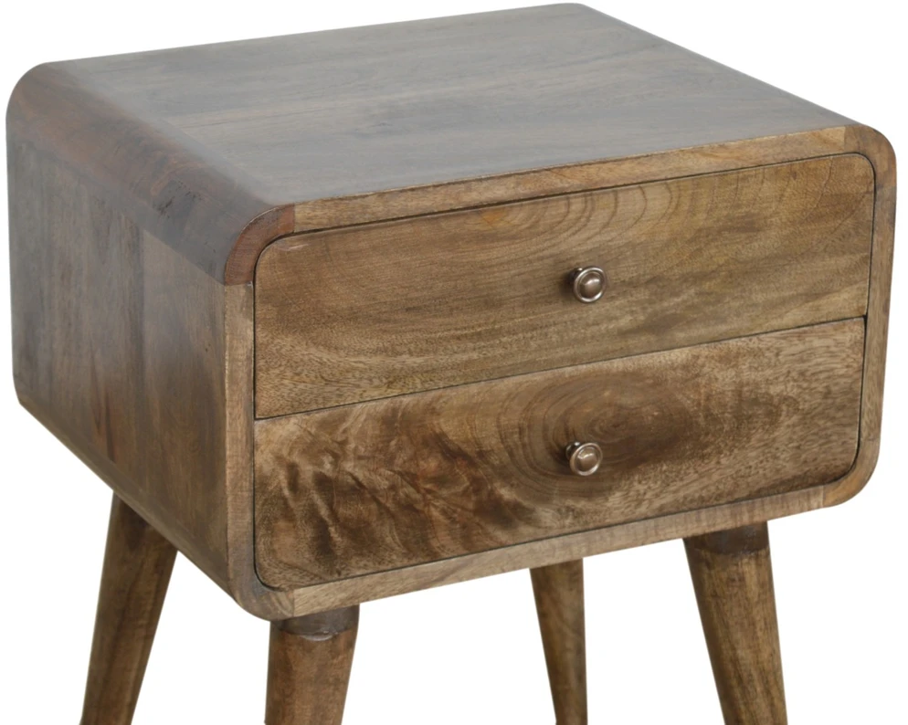 Artisan Furniture Lenktas mango medienos naktinis staliukas su 2 stalčiais, pilkos apdailos