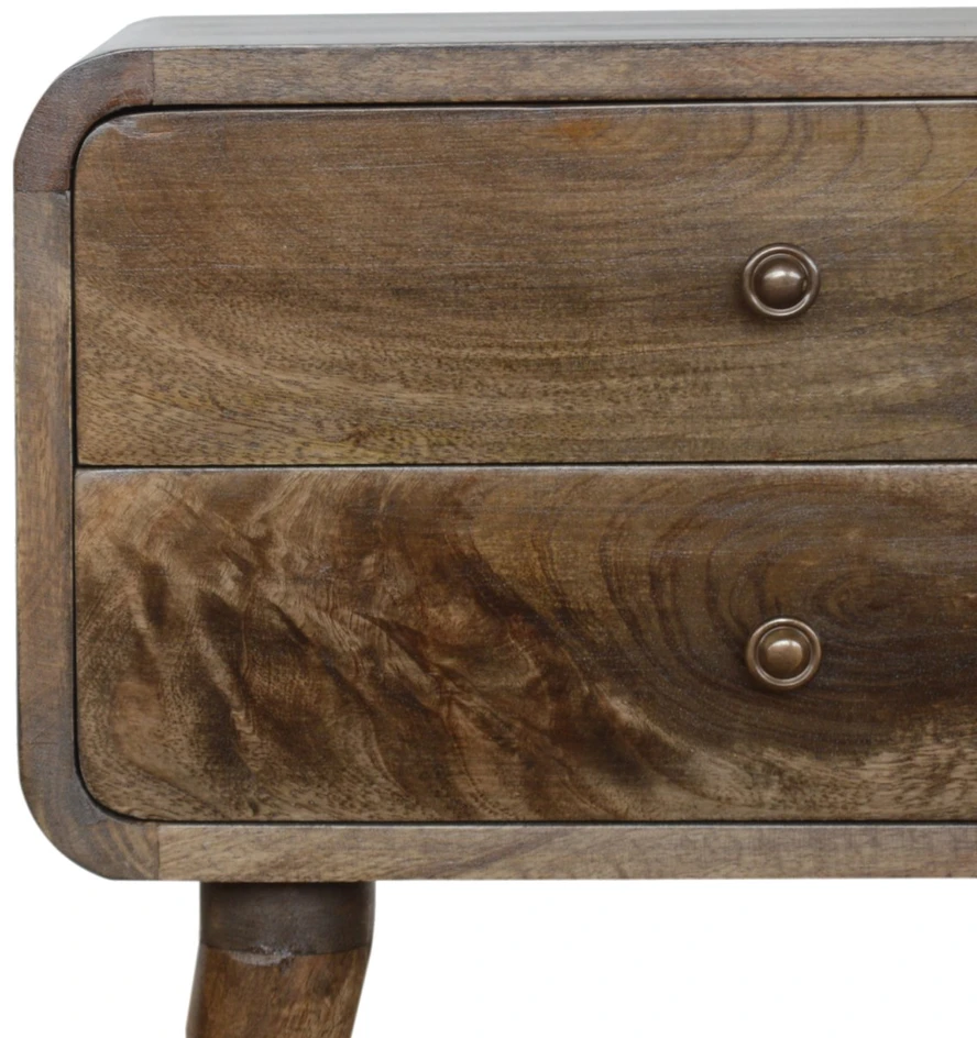 Artisan Furniture Lenktas mango medienos naktinis staliukas su 2 stalčiais, pilkos apdailos