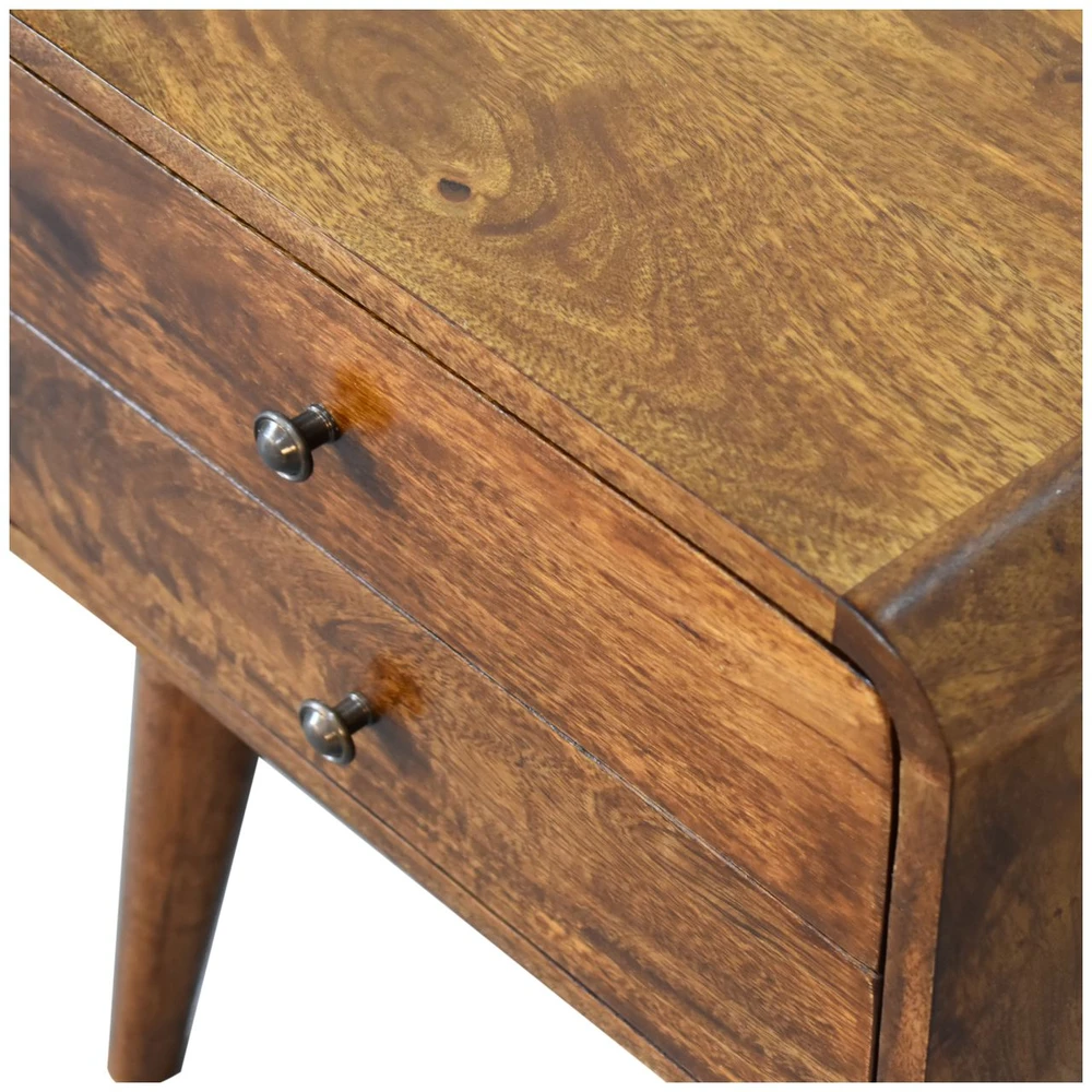 Artisan Furniture Lenktas mango medienos naktinis staliukas su 2 stalčiais, kaštono atspalvio