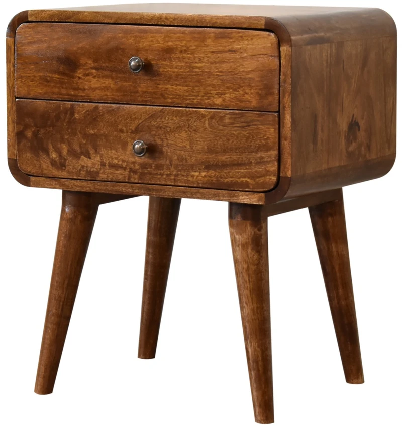 Artisan Furniture Lenktas mango medienos naktinis staliukas su 2 stalčiais, kaštono atspalvio