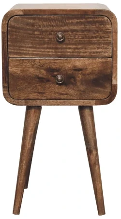 Artisan Furniture Kompaktiškas lenktas mango medienos naktinis staliukas su 2 stalčiais, pilkos apdailos