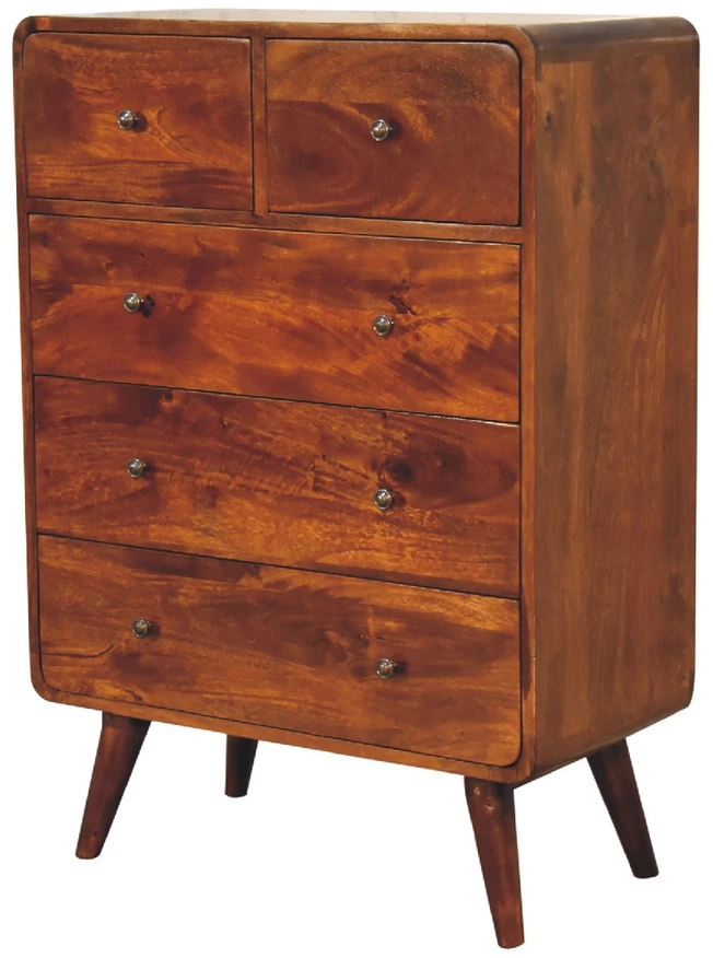 Artisan Furniture Lenktas, riešutmedžio atspalvio komoda su 2 viršutiniais ir 3 apatiniais stalčiais