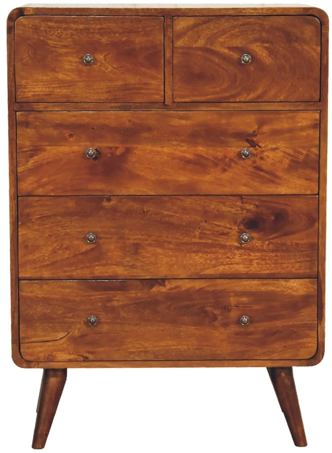 Artisan Furniture Lenktas, riešutmedžio atspalvio komoda su 2 viršutiniais ir 3 apatiniais stalčiais