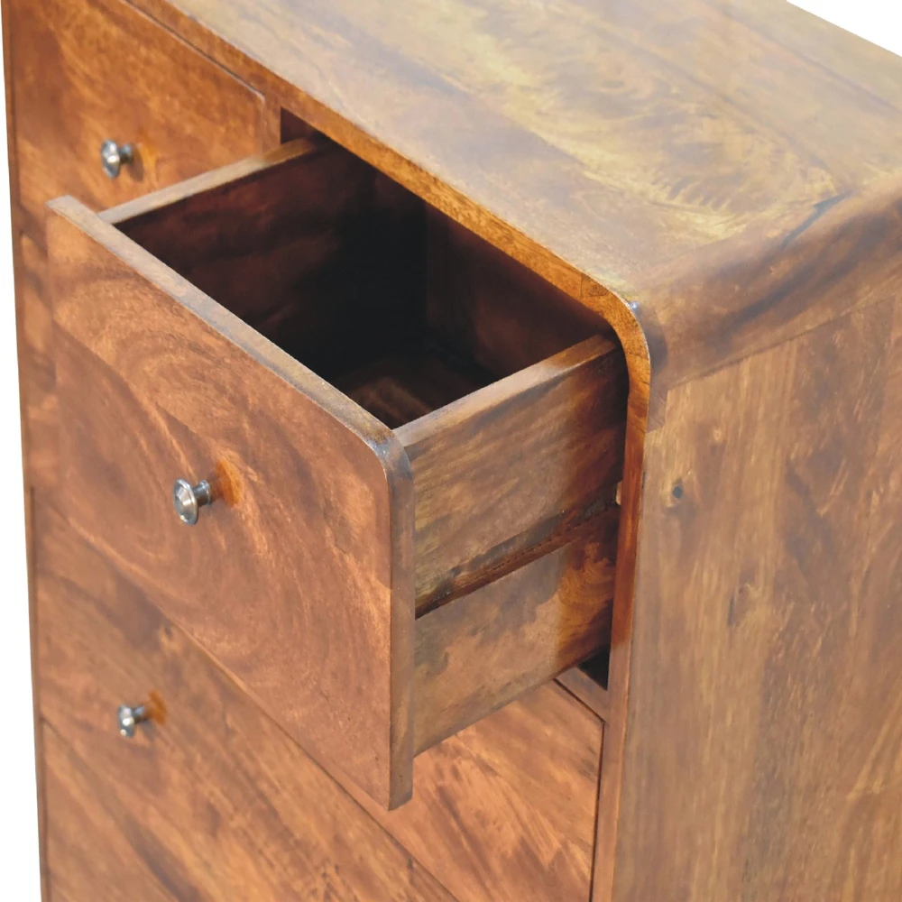 Artisan Furniture Lenktas, riešutmedžio atspalvio komoda su 2 viršutiniais ir 3 apatiniais stalčiais