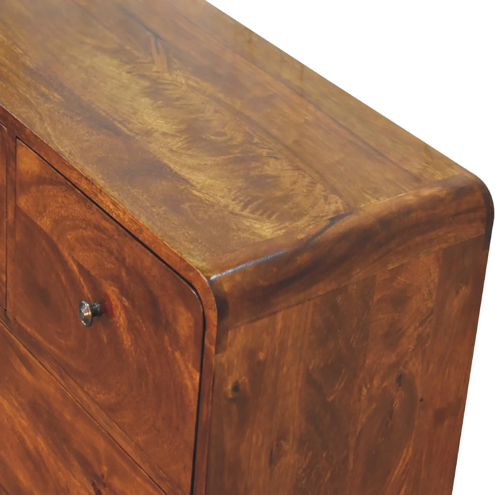Artisan Furniture Lenktas, riešutmedžio atspalvio komoda su 2 viršutiniais ir 3 apatiniais stalčiais