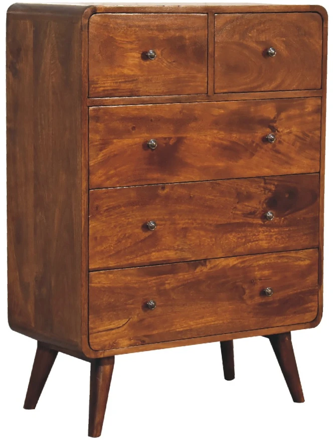 Artisan Furniture Lenktas, riešutmedžio atspalvio komoda su 2 viršutiniais ir 3 apatiniais stalčiais