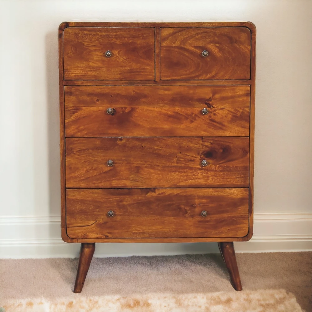 Artisan Furniture Lenktas, riešutmedžio atspalvio komoda su 2 viršutiniais ir 3 apatiniais stalčiais