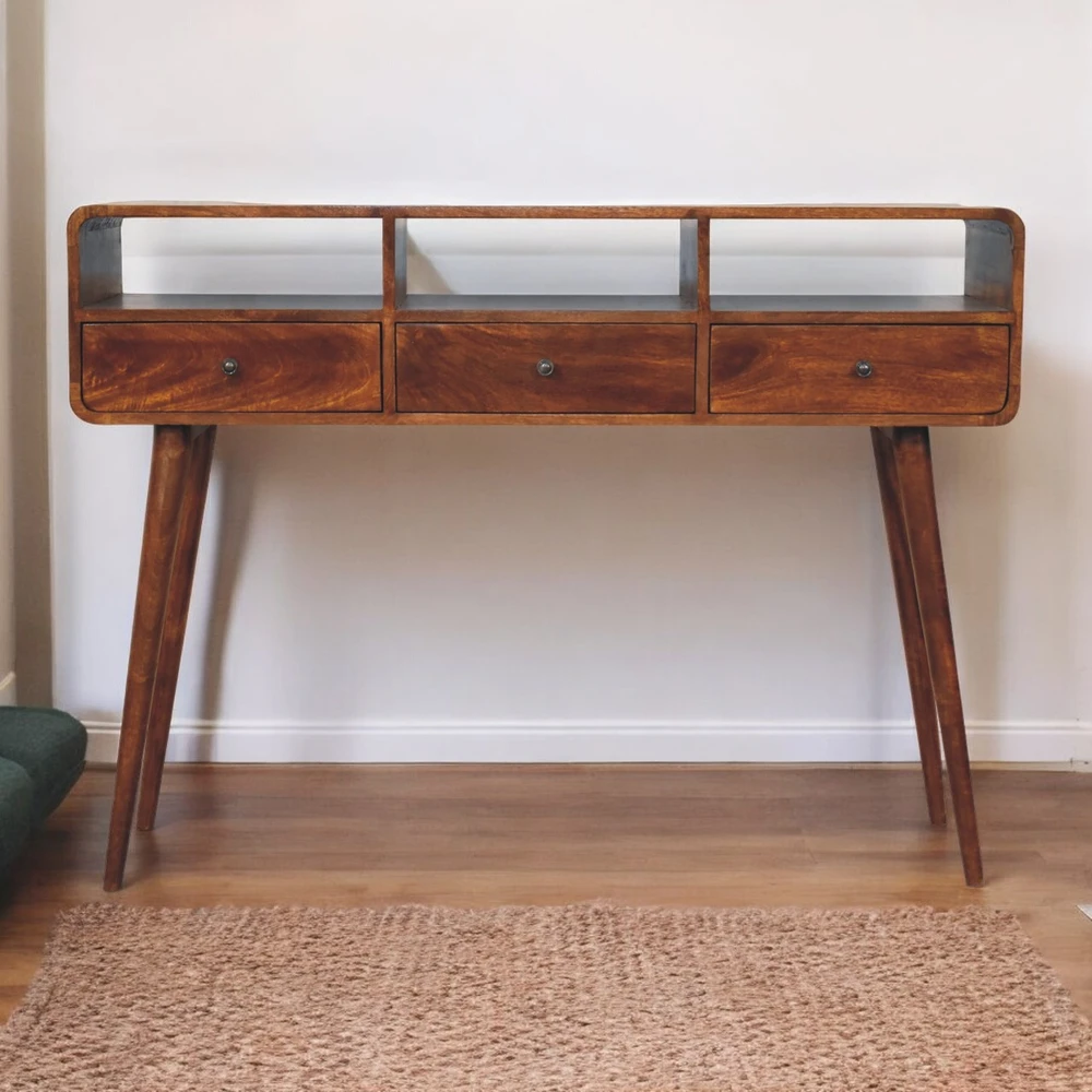 Artisan Furniture Lenktas, riešutmedžio atspalvio konsolinis staliukas, 130 cm