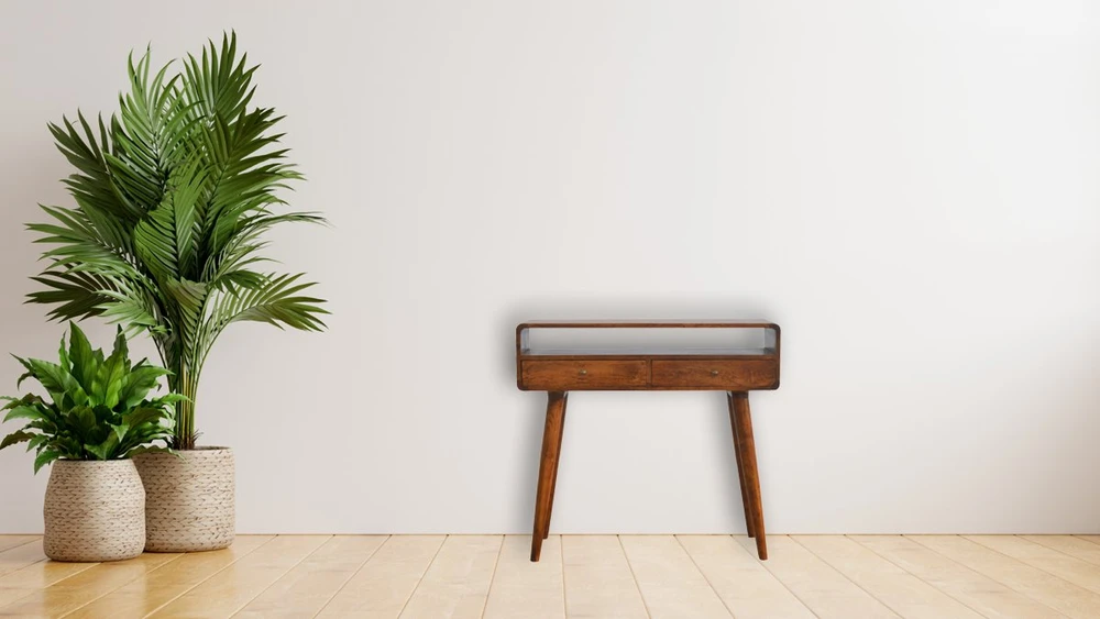 Artisan Furniture Lenktas, riešutmedžio atspalvio konsolinis staliukas, 90 cm