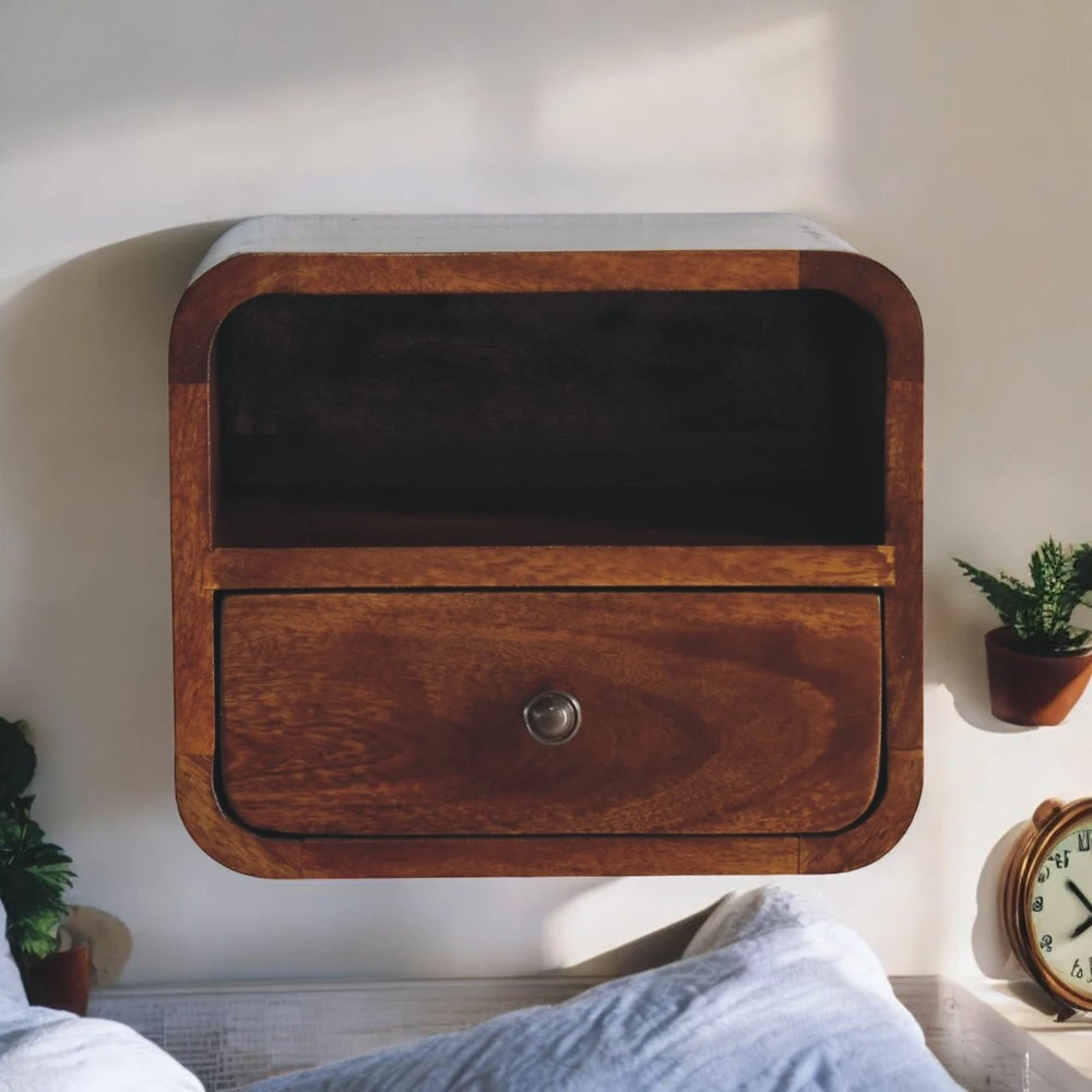 Artisan Furniture Lenktas, riešutmedžio atspalvio mini naktinis staliukas, 30 cm
