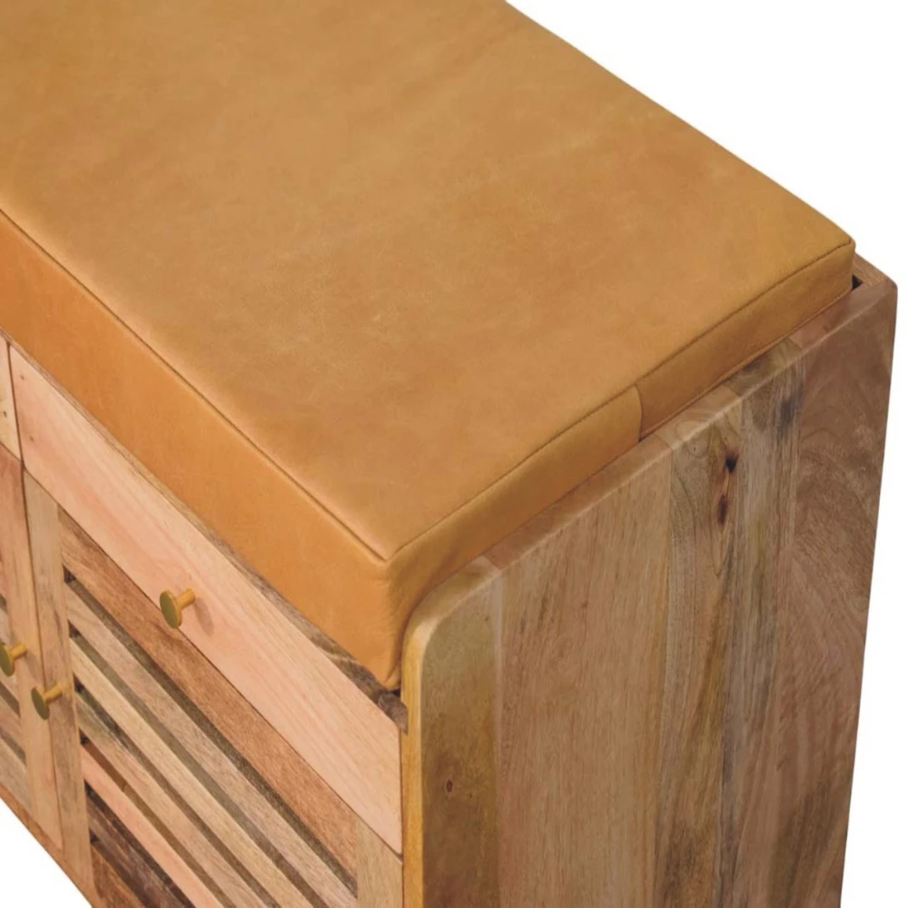 Artisan Furniture Mango medienos batų spintelė su žaliuzinėmis durelėmis ir 2 stalčiais, ąžuolo atspalvio