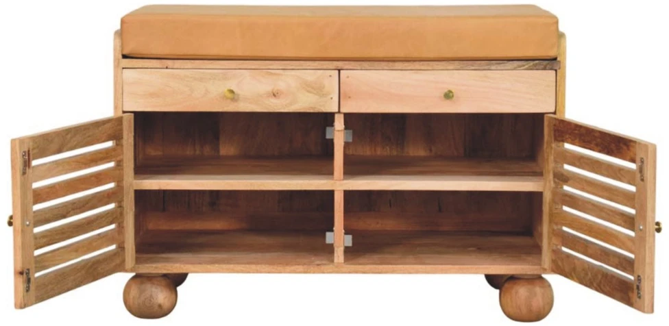 Artisan Furniture Mango medienos batų spintelė su žaliuzinėmis durelėmis ir 2 stalčiais, ąžuolo atspalvio