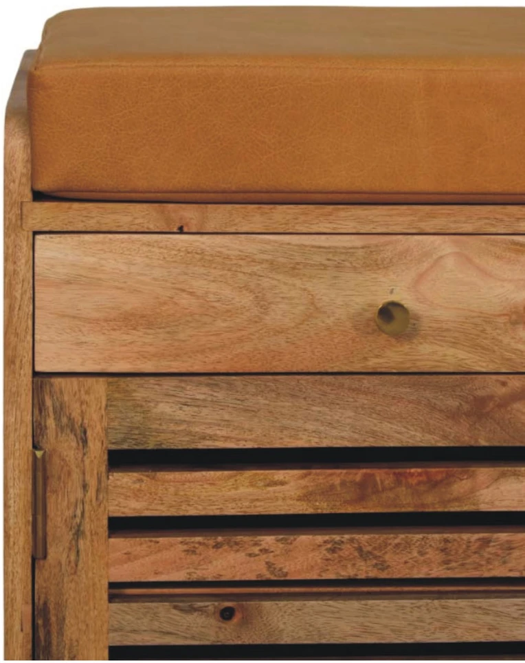 Artisan Furniture Mango medienos batų spintelė su žaliuzinėmis durelėmis ir 2 stalčiais, ąžuolo atspalvio