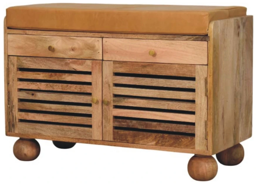 Artisan Furniture Mango medienos batų spintelė su žaliuzinėmis durelėmis ir 2 stalčiais, ąžuolo atspalvio