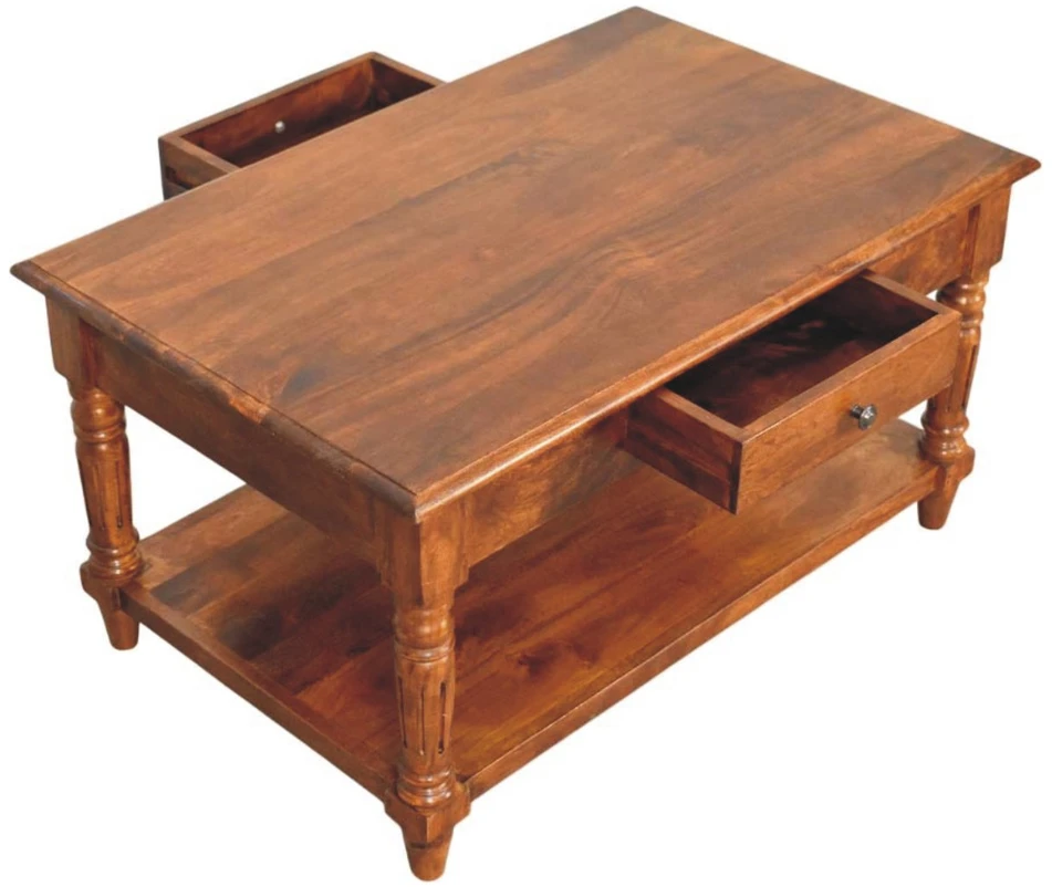 Artisan Furniture Mango medienos kavos staliukas su tekintomis kojelėmis ir 2 stalčiais, kaštono atspalvio