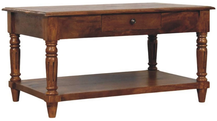 Artisan Furniture Mango medienos kavos staliukas su tekintomis kojelėmis ir 2 stalčiais, kaštono atspalvio