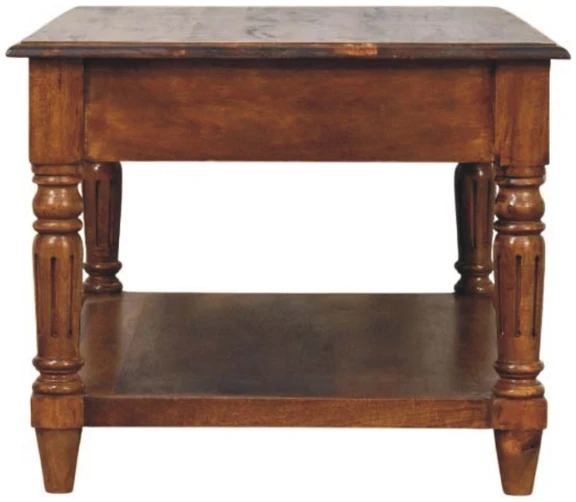 Artisan Furniture Mango medienos kavos staliukas su tekintomis kojelėmis ir 2 stalčiais, kaštono atspalvio