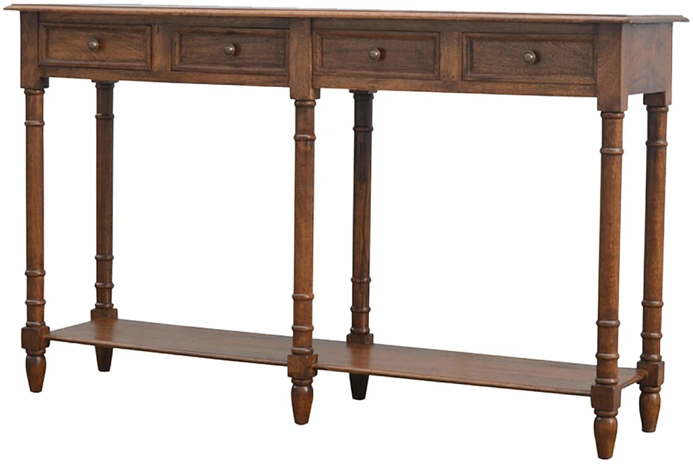 Artisan Furniture Mango medienos konsolinis staliukas prieškambariui su 4 stalčiais, šviesaus riešuto atspalvio