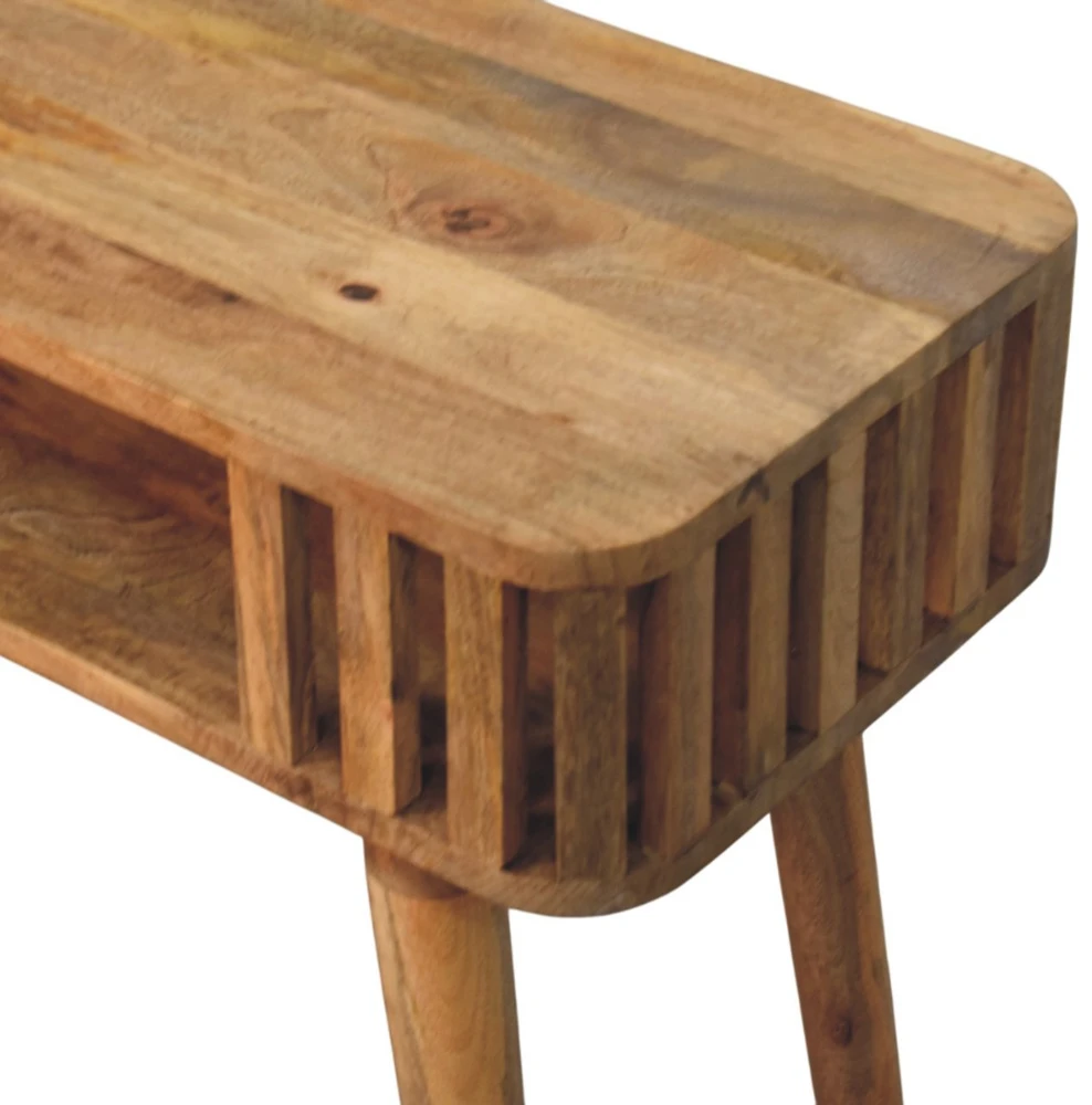 Artisan Furniture Mango medienos konsolinis staliukas su vertikalių juostelių apdaila, ąžuolo atspalvio