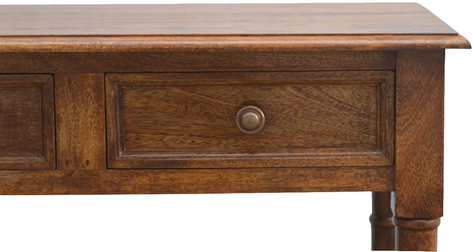 Artisan Furniture Mango medienos konsolinis staliukas prieškambariui su 4 stalčiais, šviesaus riešuto atspalvio