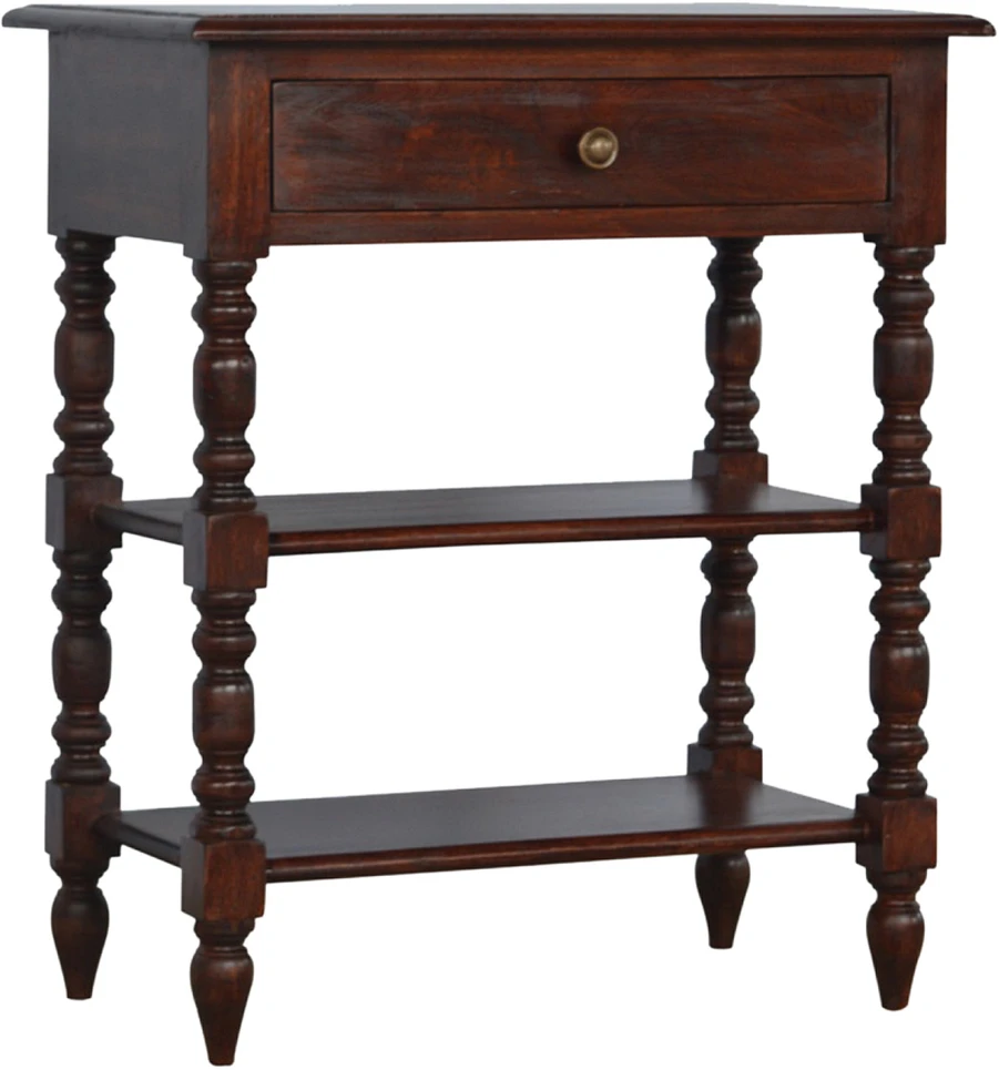 Artisan Furniture Mango medienos šoninis staliukas su stalčiumi ir 2 lentynomis, kaštono atspalvio