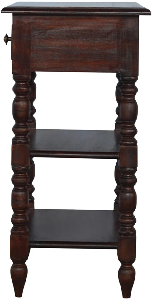 Artisan Furniture Mango medienos šoninis staliukas su stalčiumi ir 2 lentynomis, kaštono atspalvio