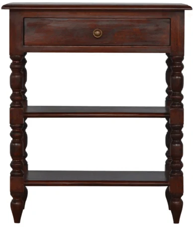 Artisan Furniture Mango medienos šoninis staliukas su stalčiumi ir 2 lentynomis, kaštono atspalvio