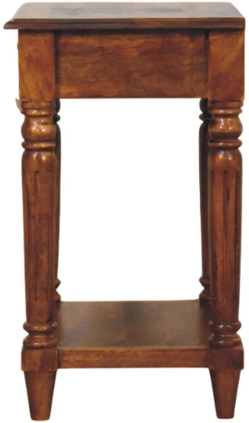 Artisan Furniture Mango medienos šoninis staliukas su tekintomis kojelėmis ir stalčiumi, kaštono atspalvio