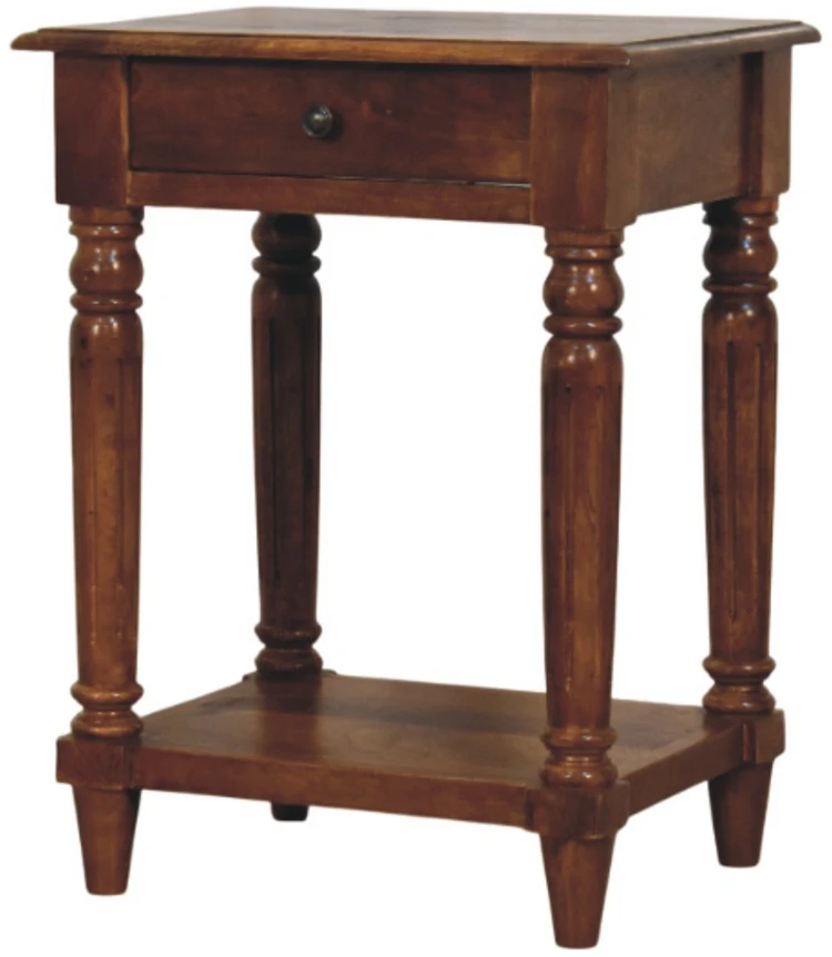 Artisan Furniture Mango medienos šoninis staliukas su tekintomis kojelėmis ir stalčiumi, kaštono atspalvio
