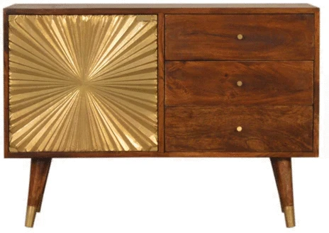 Artisan Furniture Manila Gold mango medienos komoda su žalvario spalvos detalėmis