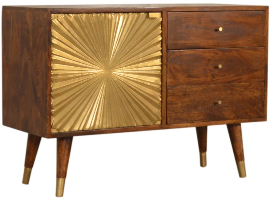 Artisan Furniture Manila Gold mango medienos komoda su žalvario spalvos detalėmis
