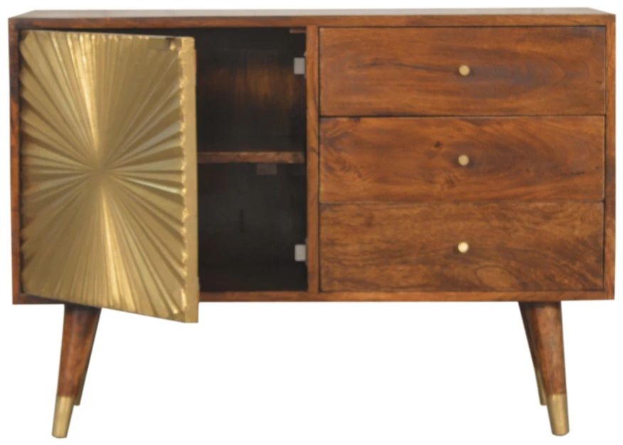 Artisan Furniture Manila Gold mango medienos komoda su žalvario spalvos detalėmis