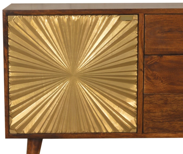 Artisan Furniture Manila Gold mango medienos komoda su žalvario spalvos detalėmis