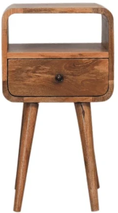 Artisan Furniture Kompaktiškas lenktas mango medienos naktinis staliukas su stalčiumi ir lentyna, ąžuolo atspalvio